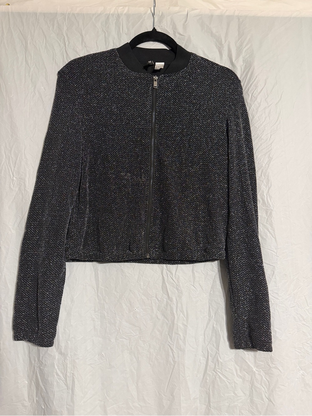 H&M Divided Women’s Size 2 Black Silver Metallic Cropped Bomber Jacket Sparkle